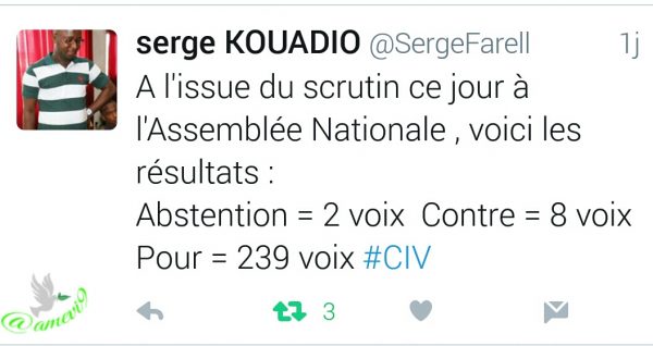 Tweet de Serge KOUADIO au sujet du vote des d&eacute;put&eacute;s by @amevi9