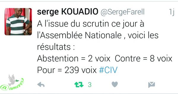 Tweet de Serge KOUADIO au sujet du vote des députés by @amevi9